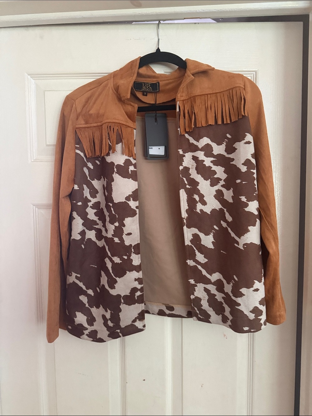 L&B Tan Suede Fringe & Brown-Cream Cowhide Print Open Jacket